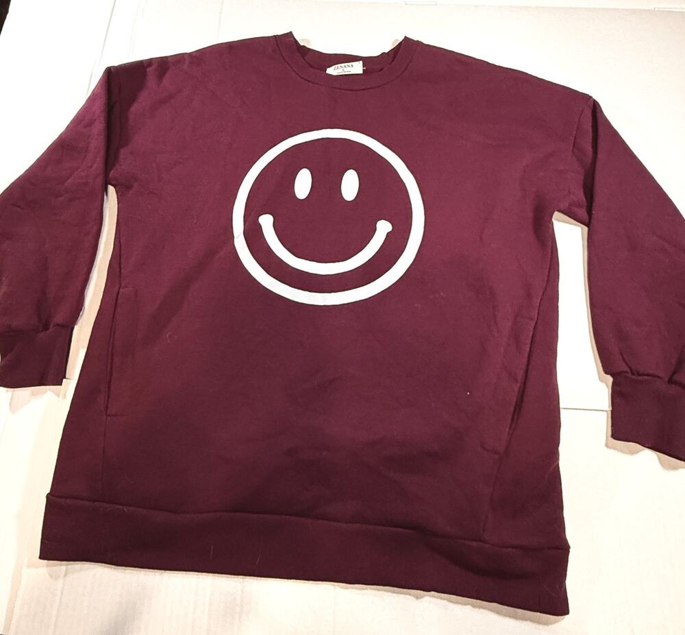 Zenana Crewneck Sweatshirt with pockets, burgandy Smiley Face size Large